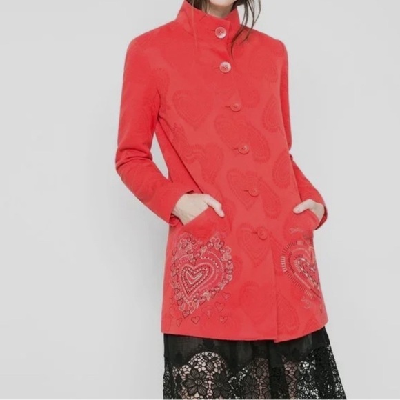Desigual Red Heart Embroidered Jacquard Long Sleeves Peacoat, Sz Medium - Picture 2 of 14